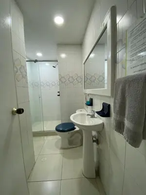 a bathroom with a toilet and a sink and a shower at Apartamento por temporadas en Bocagrande Cartagena in Cartagena de Indias