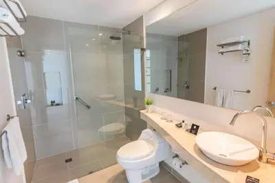 a bathroom with a shower and a toilet and a sink at Sonesta Hotel Cartagena in Cartagena de Indias
