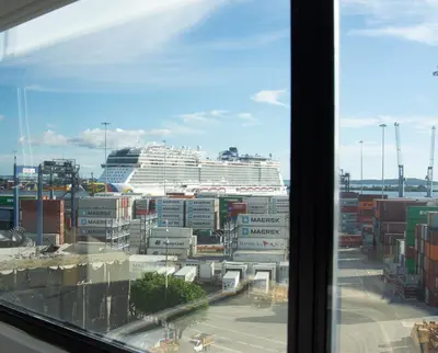 a view of a cruise ship from a window at Holiday Inn Express Cartagena Manga by IHG in Cartagena de Indias