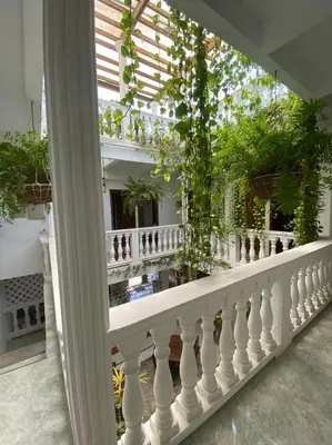 a balcony with a white railing and plants at Patio de Getsemani in Cartagena de Indias
