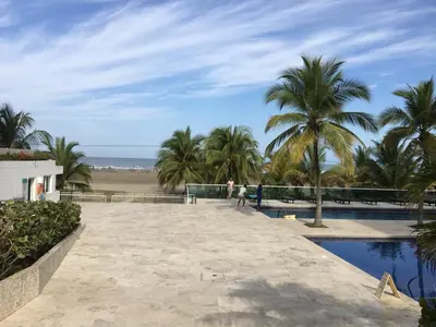 a walkway with palm trees and a beach at Amplio apt de 3 alcobas edificio primera linea de playa in Cartagena de Indias