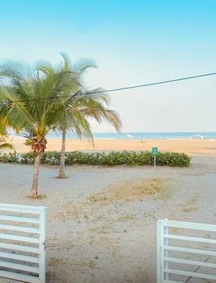 two palm trees and a white fence on a beach at Amplio apt de 3 alcobas edificio primera linea de playa in Cartagena de Indias