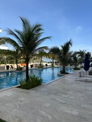 a swimming pool with palm trees in a resort at Apartamento Cartagena Morros Epic 25 in Cartagena de Indias