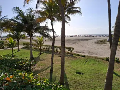 a beach with palm trees and a dirt road at Cartagena Beach Condo - 1400 sq. Ft. (130 m2) in Cartagena de Indias