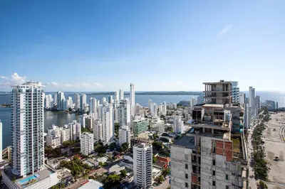 an aerial view of a city with tall buildings at Palmetto Penthouse Deluxe Beautiful view and sunset floor 39 in Cartagena de Indias