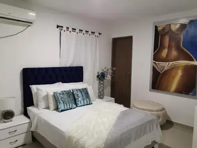 a bedroom with a bed and a painting on the wall at Hotel Platinum Barranquilla in Barranquilla