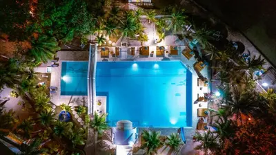 an overhead view of a swimming pool with palm trees at Hotel Cocoliso Island Resort in Isla Grande