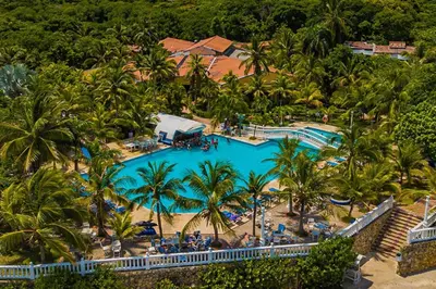 an overhead view of a pool at a resort at Hotel Cocoliso Island Resort in Isla Grande