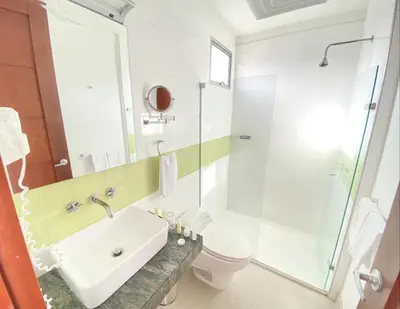 a bathroom with a sink and a toilet and a shower at Atlantic Garden Hotel in Barranquilla