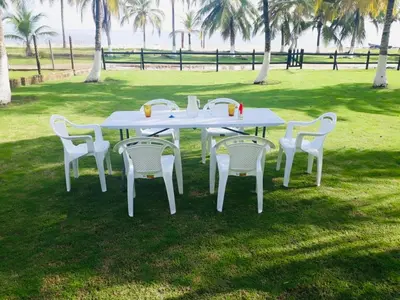 a white table and chairs in a field with palm trees at Cabaña La Niña Cande-Punta Bolivar in San Antero