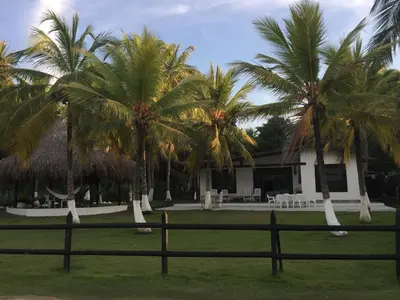 a group of palm trees in front of a building at Cabaña La Niña Cande-Punta Bolivar in San Antero