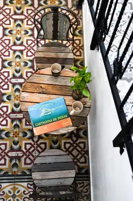 a book and a plant sitting on a wall at Casa de la Cruz Centro Historico in Cartagena de Indias