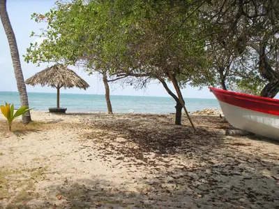 a boat on a beach with trees and the ocean at MAR SERENO Recinto Natural Casa Museo MERY LORA de CIFUENTES Condominio de Cabañas frente al MAR in Coveñas