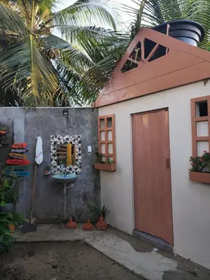 a house with a sink and a palm tree at Alojamiento Bityn in Paso Nuevo