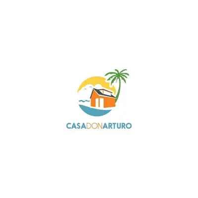 a beach logo with a palm tree and a house at host Casa Don Arturo in Santa Marta