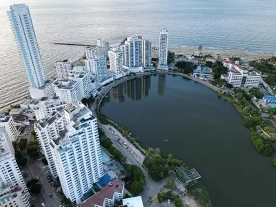 an aerial view of a city with a bridge over a body of water at Modern 1BR WiFi Breathtaking Oceanviews by Huespedia in Cartagena de Indias