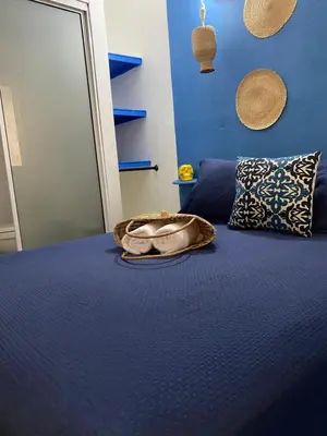a blue bedroom with a bed with a bowl on it at Casa San Juan in Cartagena de Indias