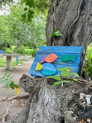 a blue bench sitting in a tree in a park at Hotel Las Casitas De Mar Adentro in Isla Grande