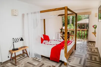 a bedroom with a canopy bed with red pillows at Hotel Restaurante Selva Negra in Turbaco