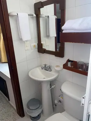 a bathroom with a sink and a toilet and a mirror at Hotel Torre del Prado in Barranquilla