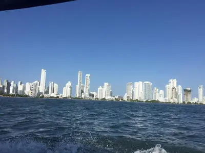a view of a city from a boat in the water at Apartamento Frente al Mar in Cartagena de Indias