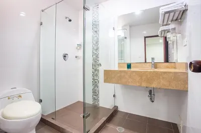 a bathroom with a toilet and a sink and a shower at Ayenda Hotel Carivdi in Sincelejo
