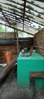 a green table in a room with a roof at Eco-Camping Mango Feliz Rincón del Mar in San Onofre