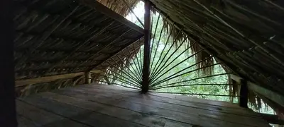 a wooden walkway in a wooden building with windows at Eco-Camping Mango Feliz Rincón del Mar in San Onofre
