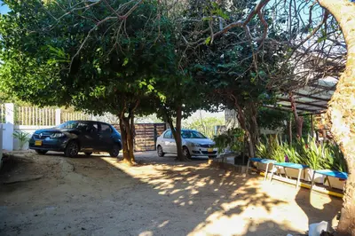 two cars parked in a parking lot with trees at PALOMAR EcoCabaña in Santa Veronica