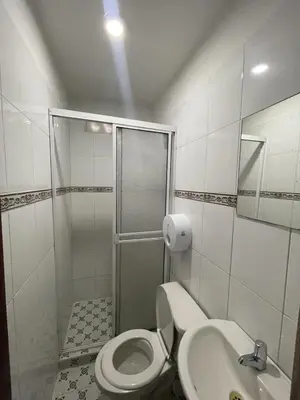 a bathroom with a shower and a toilet and a sink at Hotel Mangata in Cartagena de Indias