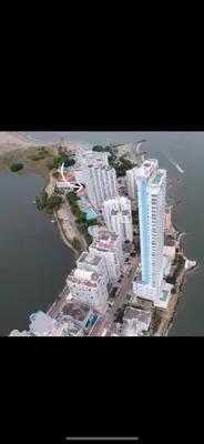 an aerial view of a city next to the water at Apartamento Mares de Cartagena in Cartagena de Indias