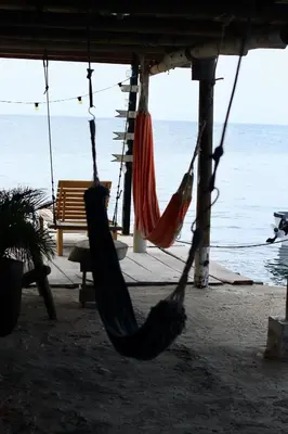 a couple of hammocks hanging from a building near the water at Hostel Santa Cruz del Islote in Santa Cruz del Islote