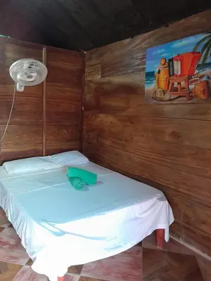 a bed in a wooden room with a green pillow on it at HOSTAL BELLEZA TROPICAL in Moñitos
