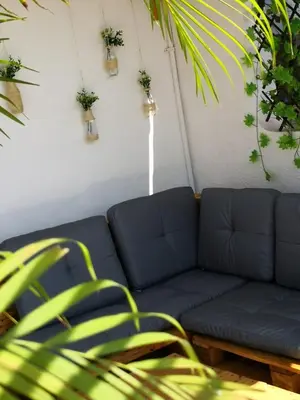 a living room with a blue couch and plants at Apto en Getsemani el barrio mas cool de Cartagena in Cartagena de Indias