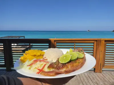 a plate of food on a table with a view of the ocean at Rosario EcoHotel - Islas del Rosario in Isla Grande