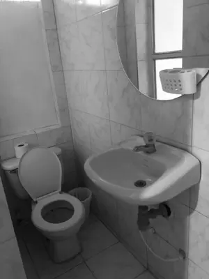 a bathroom with a toilet and a sink and a mirror at Tita’s Airport Hotel in Cartagena de Indias