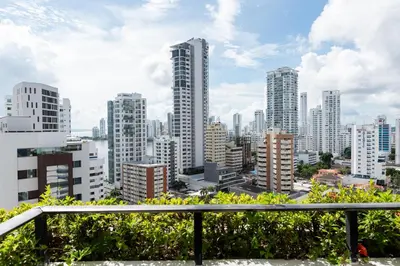 a view of a city skyline with tall buildings at Apartamento en Bocagrande - Piscina, Jacuzzi y Mar in Cartagena de Indias