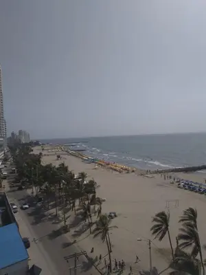 a view of a beach with palm trees and the ocean at Vista al mar en Edificio Mar Adentro Bocagrande in Cartagena de Indias
