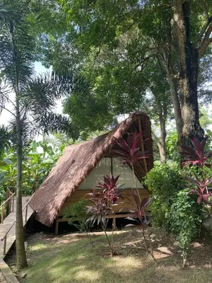 a tent with a thatched roof in a garden at La Bonita Luxury Ecohotel in Sahagún