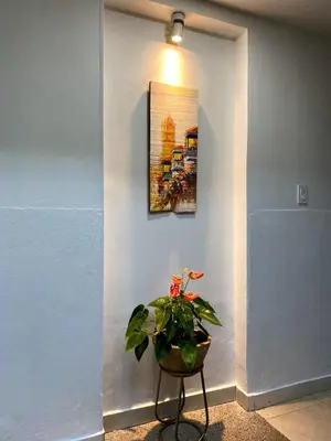 a plant in a pot next to a wall with a picture at Luna Cartagena Airport Hotel in Cartagena de Indias