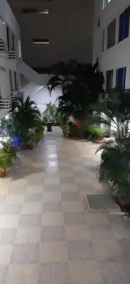 an empty hallway with potted plants in a building at Apto Nacaela-Bocagrande cerca a la playa in Cartagena de Indias