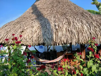 a straw hut with a hammock and red flowers at Cabaña Villa Carmen in Juan de Acosta