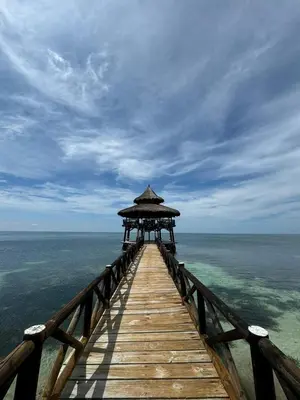 a wooden boardwalk leading to the ocean with a hut at El Embrujo Tintipan in Tintipan Island