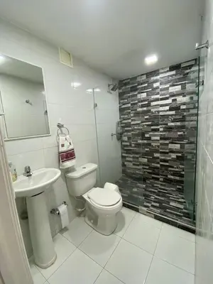 a bathroom with a toilet and a sink and a shower at Hermoso apartamento frente al Mar Caribe in Cartagena de Indias