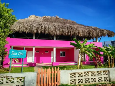 a pink house with a straw roof at Tata Lolo in Coveñas