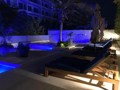 a patio at night with blue lights at Serena del Mar, Morros IO in Cartagena de Indias