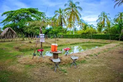 a group of four chairs and a table and a pond at Cabañas Los Venaos in San Bernardo del Viento