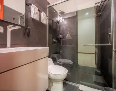 a bathroom with a toilet and a sink and a shower at San Pedro Claver Luxury in the walled city in Cartagena de Indias