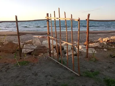 a dog laying next to a fence on the beach at Cabaña frente al mar Encanto del Viento in San Bernardo del Viento