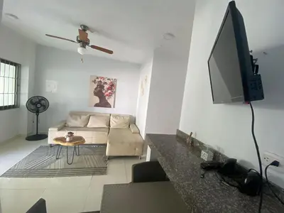 a living room with a couch and a flat screen tv at Mayo apartamentos in Santiago